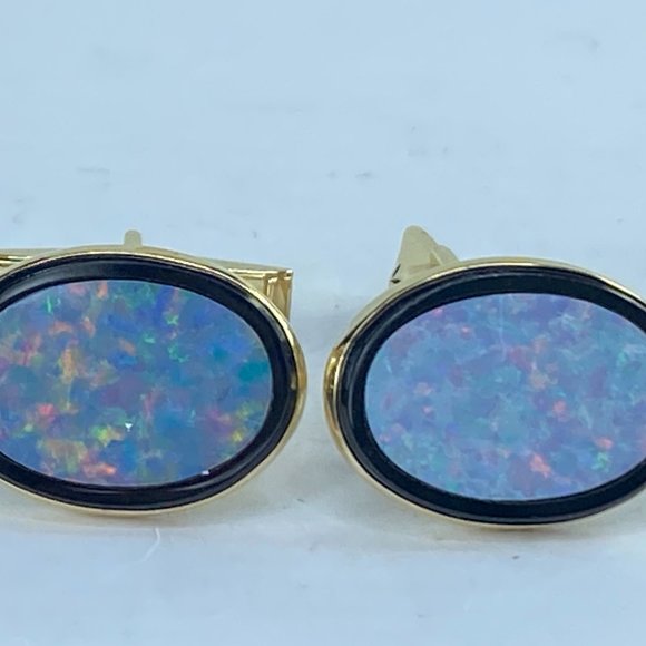 Signed 14K yellow gold Triplet Opal cufflink 6.7gm